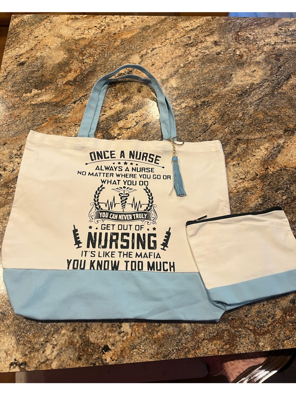 Canvas Nurse Tote Bag with Pouch - Light Blue & Cream